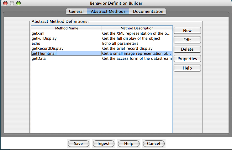 Fedora Admin Behavior Definition Builder “Abstract Methods” pane