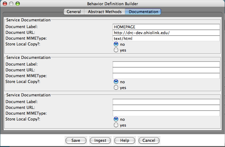 Fedora Admin Behavior Definition Builder “Documentation” pane