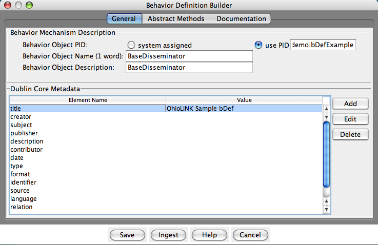 Fedora Admin Behavior Definition Builder “General” pane