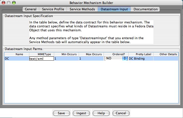 Fedora Admin Behavior Mechanism Builder “Datastream Input” pane