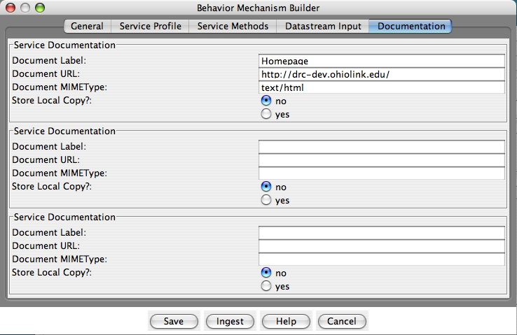 Fedora Admin Behavior Mechanism Builder “Documentation” pane