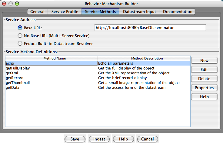 Fedora Admin Behavior Mechanism Builder “Service Methods” pane