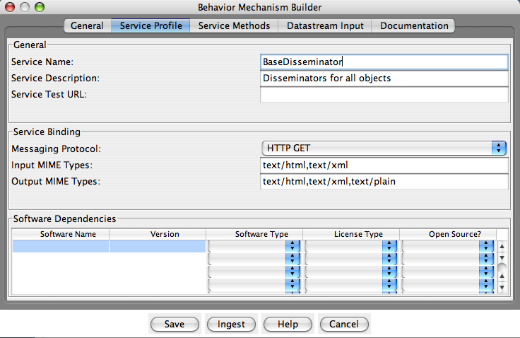 Fedora Admin Behavior Mechanism Builder “Service Profile” pane