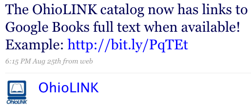 OhioLINK Tweet for Adding Google Books links in the Central Catalog