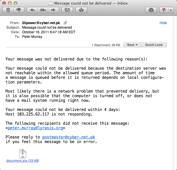 Screenshot of a fake bounced e-mail message.