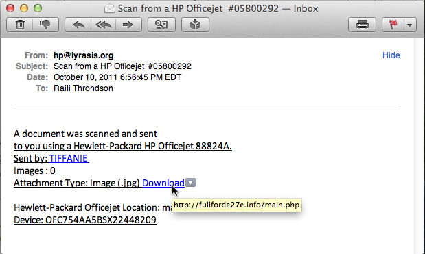 Screenshot of a fake e-mail message from a networked scanner.