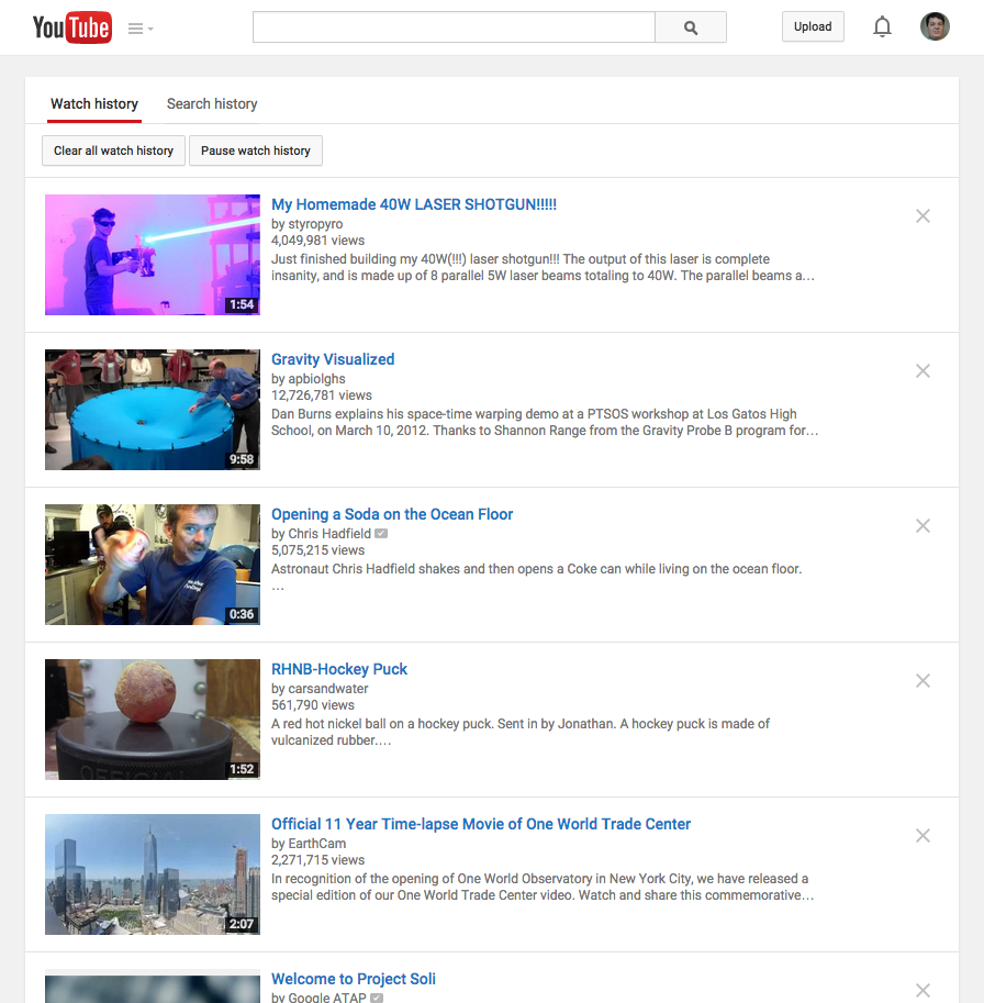 My Account 'YouTube Activity' page