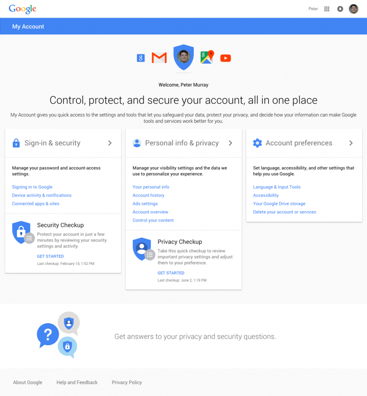 Google's 'My Account' home page