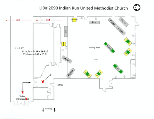 A schematic showing the voting position and the flow of voters through the polling place.