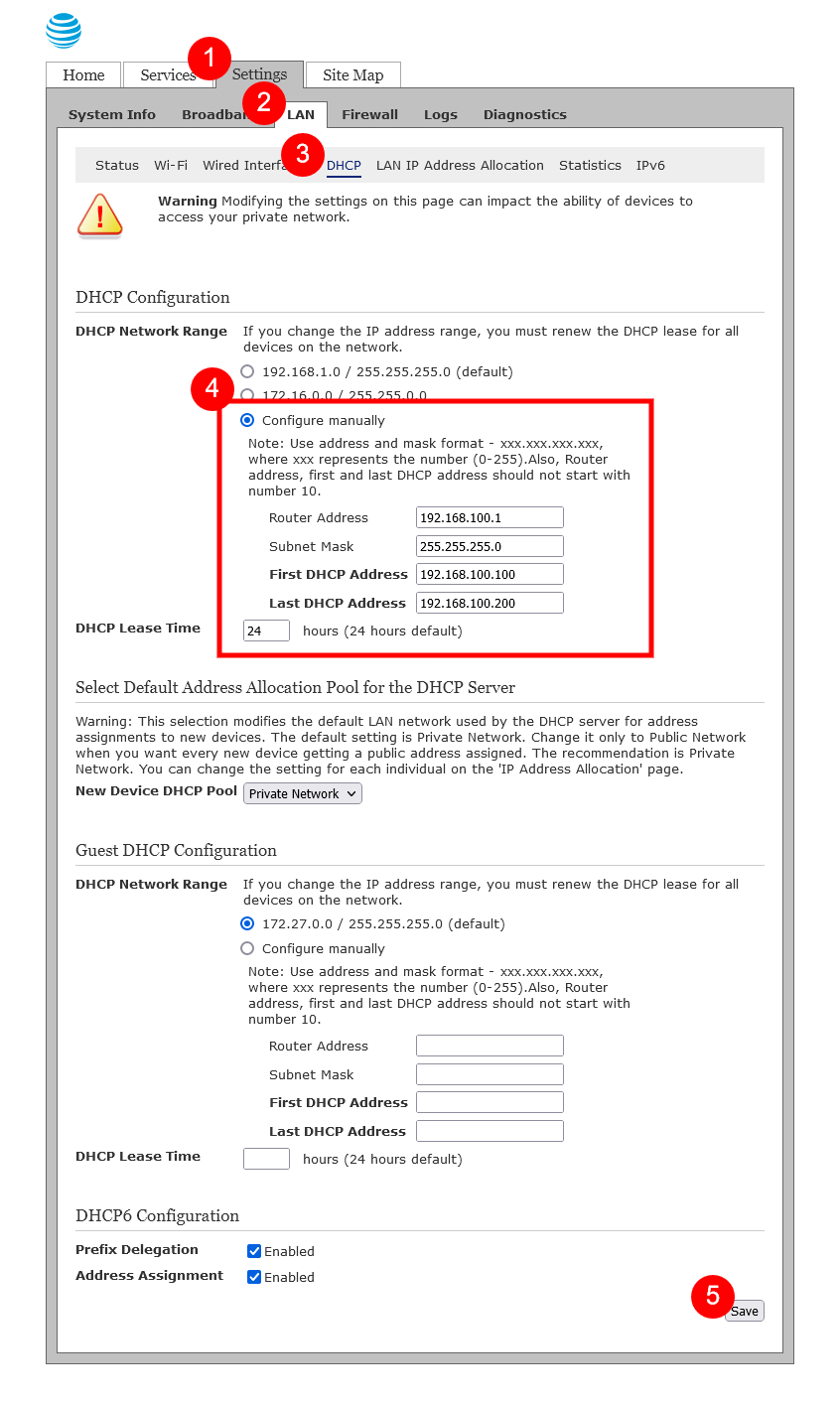 Screen Capture of the DHCP Configuration page of a Pace 5268ac Residential Gateway