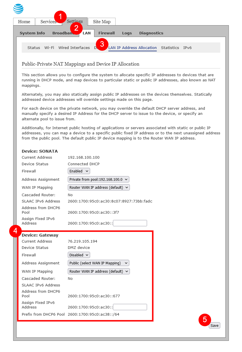 Screen Capture of the DHCP Configuration page of a Pace 5268ac Residential Gateway