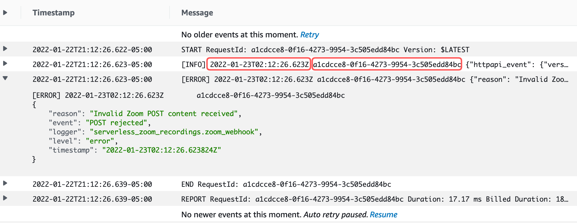 Screencapture of Amazon Web Services Cloud Watch Logs demonstrating that the collapsed detail line does not include useful information.