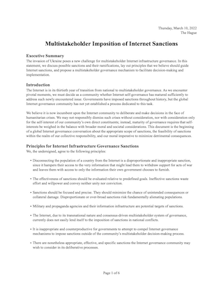 Image of the first page of the linked document, Multistakeholder Imposition of Internet Sanctions