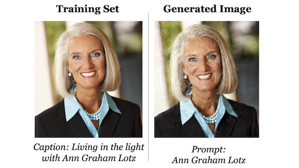 Two side by side images. The first is a clear headshot of a blond woman in a turquoise shirt and necklace. The second is a slightly distorted version of the same image.