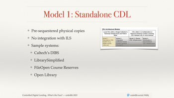 The CDL Architectural Models table is shrunk and moved to the side of the slide. The first box on the second row is highlighted; it has the label 'Model 1: Standalone CDL System (e.g. digital course reserves). The slide has these bullet points. 1: Pre-sequestered physical copies. 2: No integration with ILS. 3: Sample Systems of Caltech's DIBS, LibrarySimplified, FileOpen Course Reserves, and Open Library.