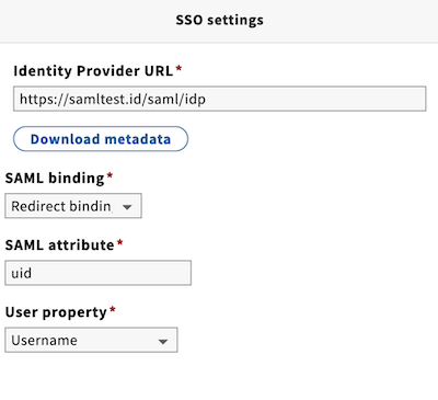 Screen capture of the SSO settings pane. It contains four fields: Identity Provider URL, SAML binding, SAML attribute, and User property. There is also a button labeled 'Download metadata'