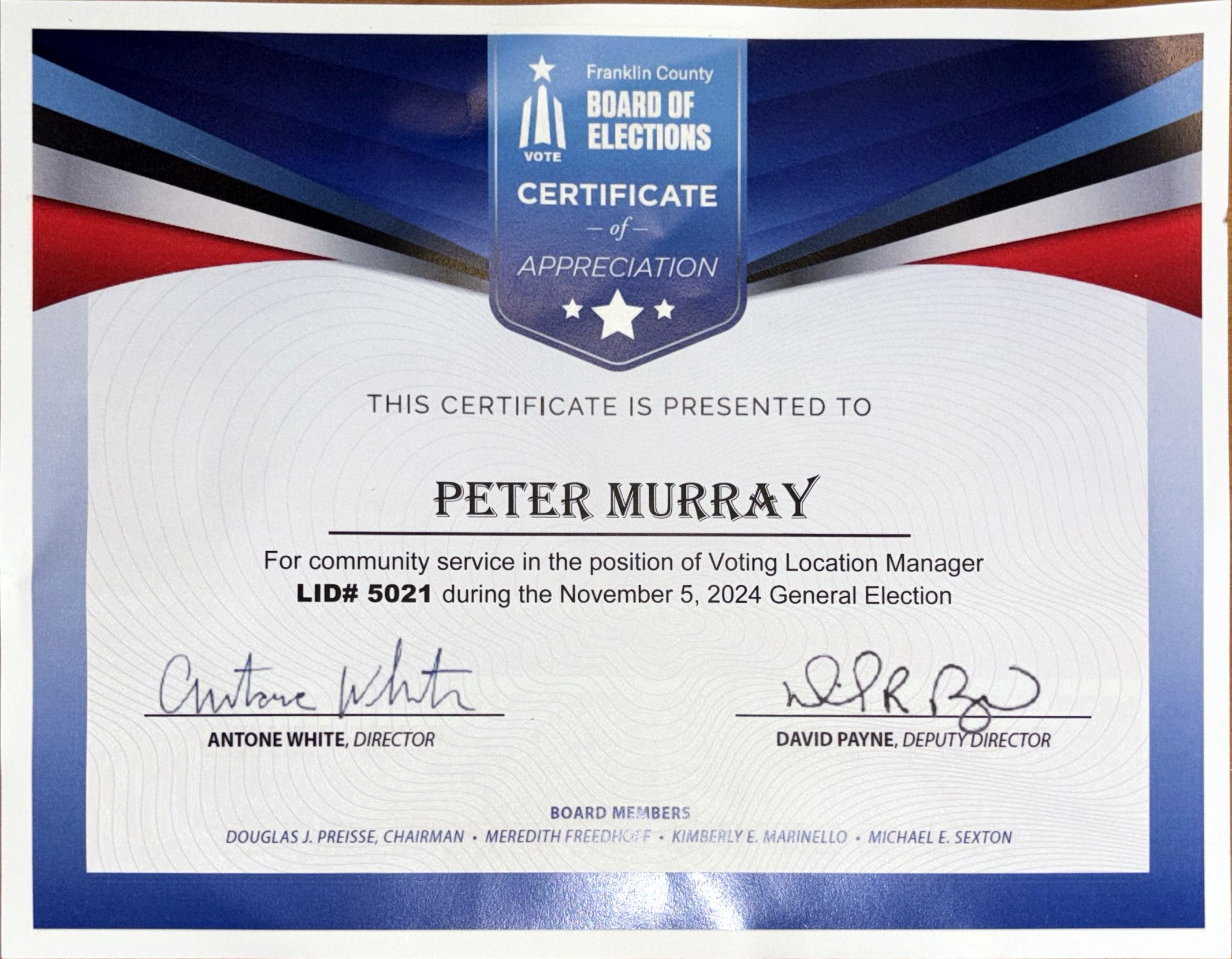 Certificate of Appreciation for Peter Murray, Voting Location Manager during the November 5, 2024, General Election.