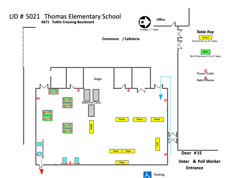 Voting setup diagram showing the locations of tables, machines, and the path for voters.