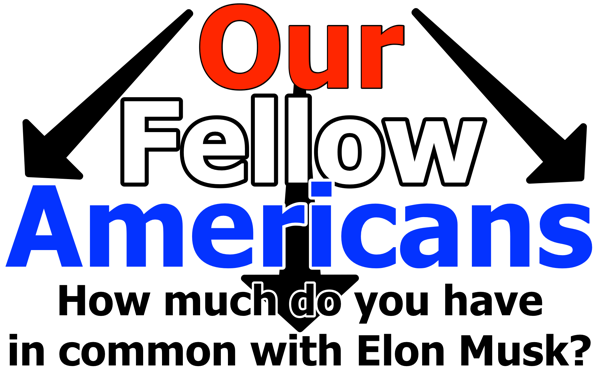 Protest poster in red, white, and blue. It says “Our fellow Americans” with arrows pointing left, down, and right. Underneath it says: “How much do you have in common with Elon Musk?”