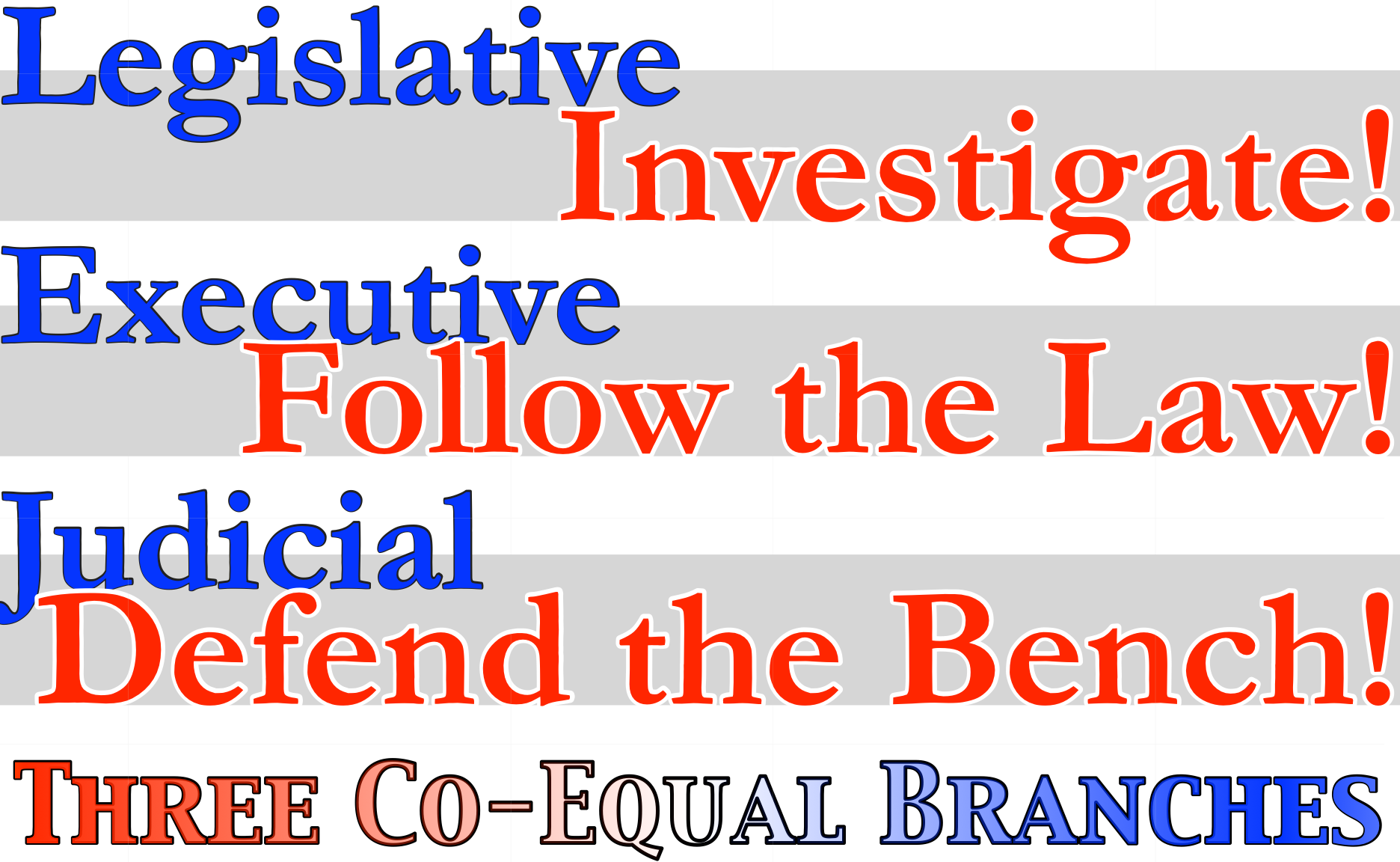 The protest sign emphasizes the roles of the three government branches with phrases: 'Legislative: Investigate!' and 'Executive: Follow the Law!' and 'Judicial: Defend the Bench!' in blue and red lettering. Below, 'Three Co-Equal Branches' is displayed in a mix of blue and red. The background features alternating gray and white stripes, reinforcing the message of balance and cooperation among the branches.