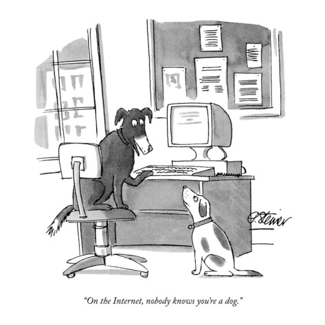 Illustration of a dog, sitting at a computer terminal, talking to another dog.  Includes caption: “On the Internet, nobody knows you’re a dog.”
