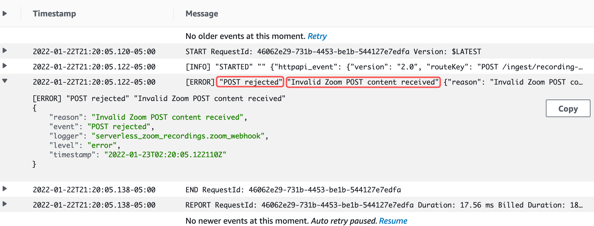 Screencapture of Amazon Web Services Cloud Watch Logs demonstrating that the collapsed detail line now includes the event and error message.